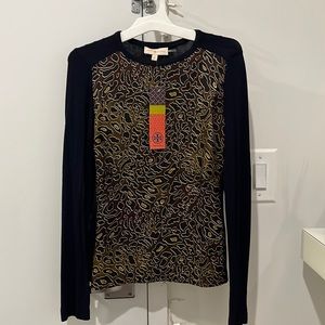 Tory Burch long sleeve silk tee. Navy